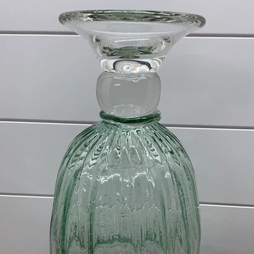 Green Seeded Glass Optic Ribbed Footed Hurricane Vase 11.5 Inch Centerpiece